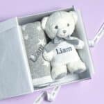 Personalised grey stars cotton baby blanket and Keeleco Baby white teddy bear gift set Baby Gift Sets 8