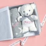Personalised grey stars cotton baby blanket and Keeleco Baby white teddy bear gift set Baby Shower Gifts 7
