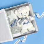 Personalised grey stars cotton baby blanket and Keeleco Baby white teddy bear gift set Baby Gift Sets 6
