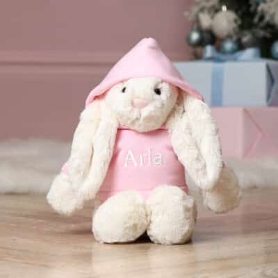 Personalised Jellycat medium cream or silver bashful bunny soft toy with pastel hoodie Baby Shower Gifts 3