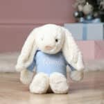 Personalised Jellycat medium cream or silver bashful bunny soft toy with pastel hoodie Baby Shower Gifts 6