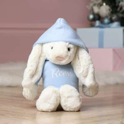 Personalised Jellycat medium cream or silver bashful bunny soft toy with pastel hoodie Baby Shower Gifts