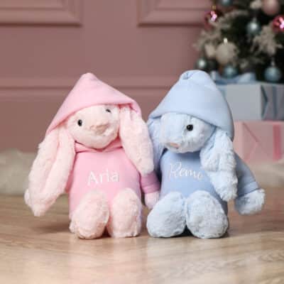 Personalised Jellycat medium pink or blue bashful bunny soft toy with pastel hoodie Baby Shower Gifts