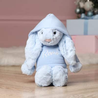 Personalised Jellycat medium pink or blue bashful bunny soft toy with pastel hoodie Christmas Gifts 2