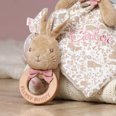 Flopsy Bunny signature collection personalised baby comfort blanket and wooden rattle gift set Baby Gift Sets 2