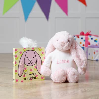 Personalised Jellycat pale pink bashful bunny and If I were a rabbit book Birthday Gifts