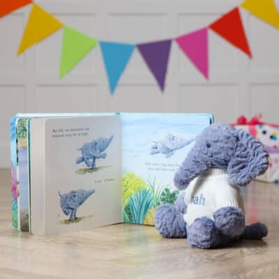 Personalised Jellycat fuddlewuddle elephant and Elephant’s can’t fly book Birthday Gifts 2