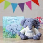 Personalised Jellycat fuddlewuddle elephant and Elephant’s can’t fly book Birthday Gifts 3