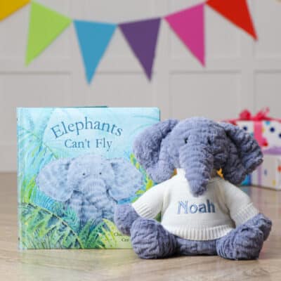 Personalised Jellycat fuddlewuddle elephant and Elephant’s can’t fly book Book & Soft Toy Gift Sets 2
