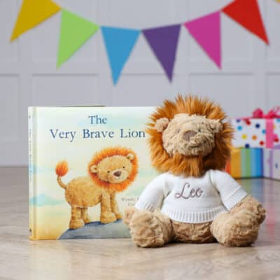 Personalised Jellycat fuddlewuddle lion and The very brave lion book Book & Soft Toy Gift Sets
