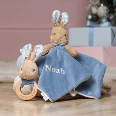 Peter Rabbit signature collection personalised baby comfort blanket and wooden rattle gift set Comforters and Soothers