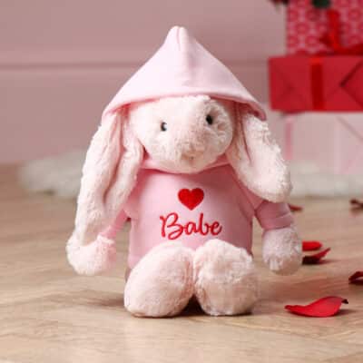 Valentines personalised Jellycat medium pink bashful bunny soft toy with hoodie Jellycat