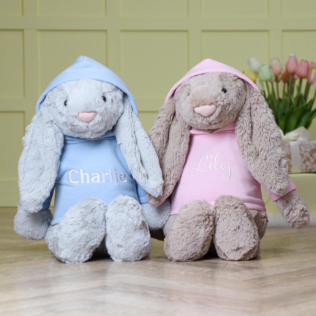 pink and blue personalised hooded bunny teddy