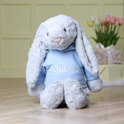 Personalised Jellycat HUGE bashful silver bunny soft toy with pastel hoodie Easter Gifts
