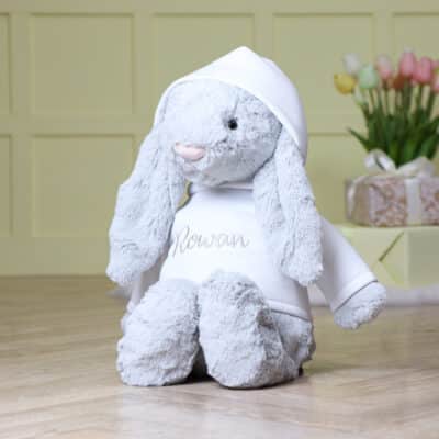 Personalised Jellycat HUGE bashful silver bunny soft toy with white hoodie Easter Gifts
