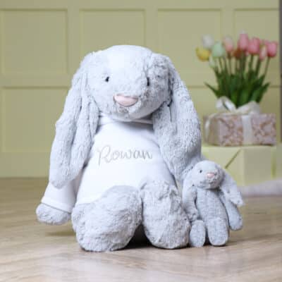 Personalised Jellycat HUGE bashful silver bunny soft toy with white hoodie Baby Shower Gifts 2