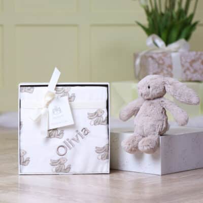 Personalised Jellycat bashful beige bunny and muslin gift set Personalised Baby Comforter Gift Sets