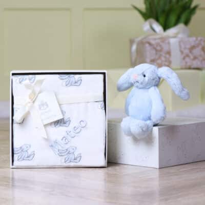 Personalised Jellycat bashful blue bunny and muslin gift set Personalised Baby Comforter Gift Sets