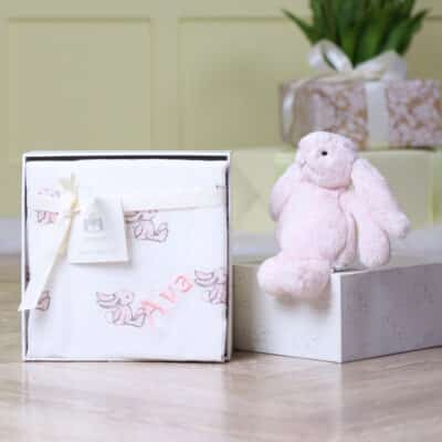 Personalised Jellycat bashful pink bunny and muslin gift set Personalised Baby Comforter Gift Sets