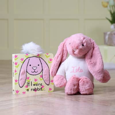 Personalised Jellycat petal pink bashful bunny and If I were a rabbit book Birthday Gifts