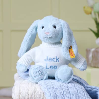 Personalised My First Steiff Hoppie Rabbit blue soft toy Baby Shower Gifts 2