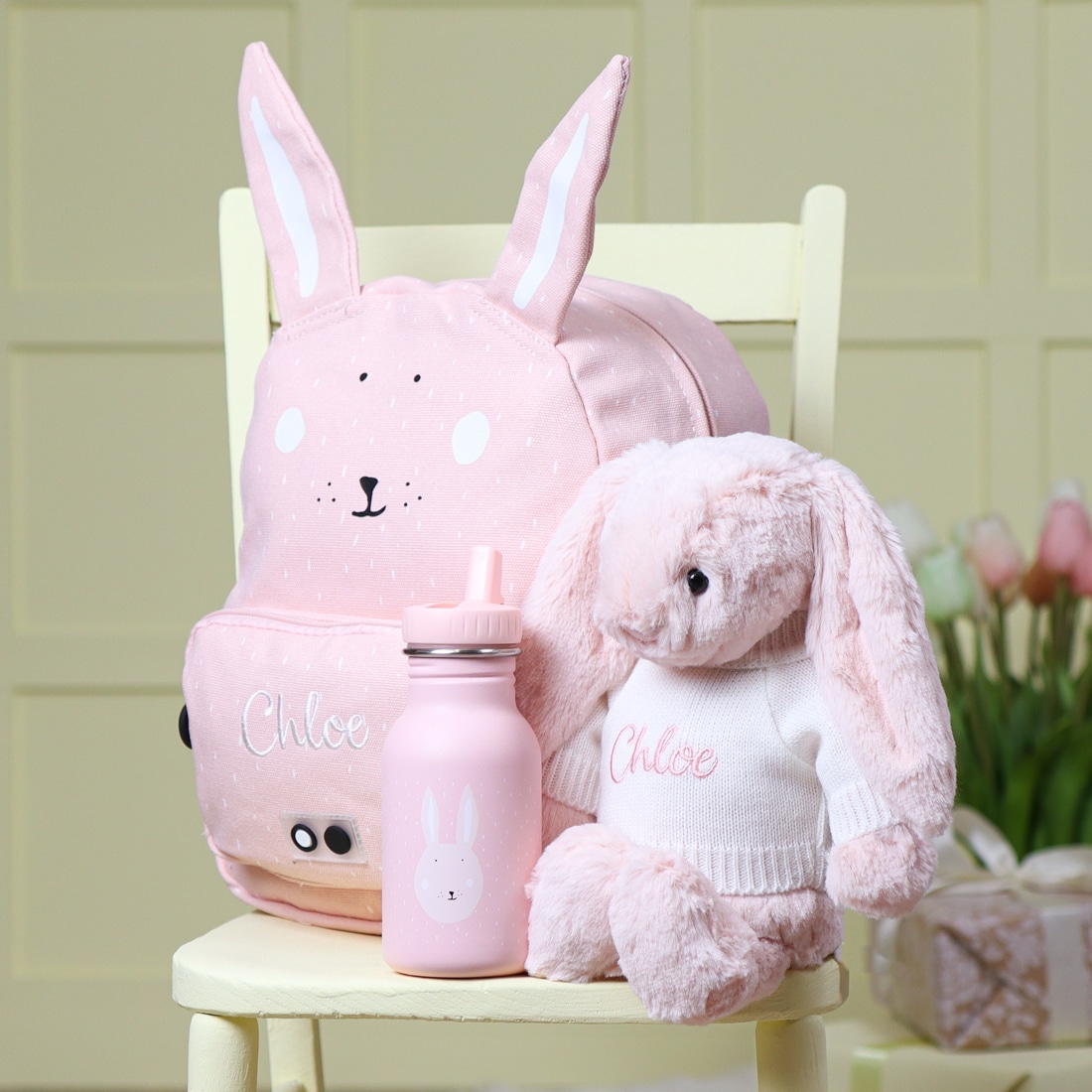 pink chloe bunny teddy with water bottle and bunny bag