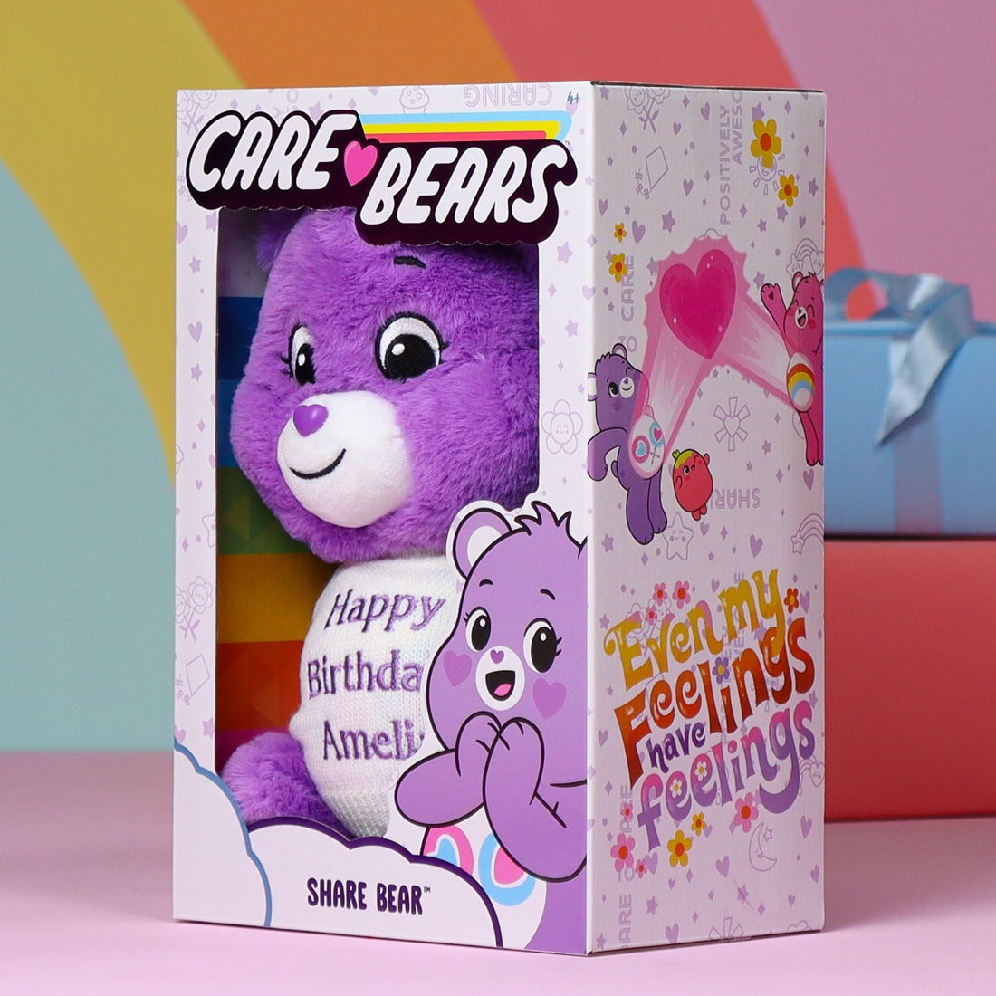 purple personalised care bear boxed up soft toy