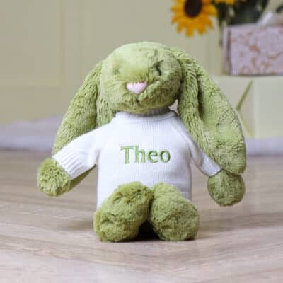 Personalised Jellycat moss green bashful bunny soft toy Baby Shower Gifts