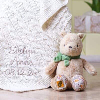Toffee Moon personalised luxury cable baby blanket and Disney Classic Pooh Always and Forever soft toy Birthday Gifts