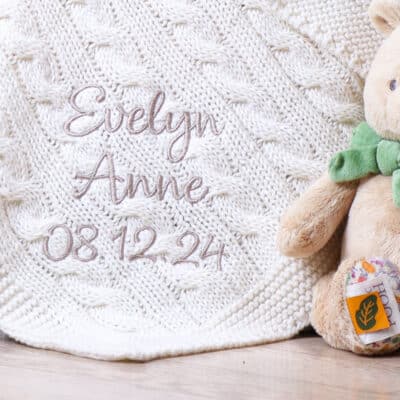 Toffee Moon personalised luxury cable baby blanket and Disney Classic Pooh Always and Forever soft toy Baby Gift Sets 3