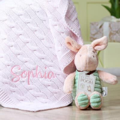 Toffee Moon personalised luxury cable baby blanket and Piglet soft toy Characters