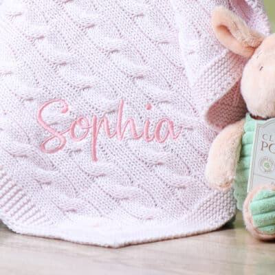 Toffee Moon personalised luxury cable baby blanket and Piglet soft toy Personalised Baby Blankets 2