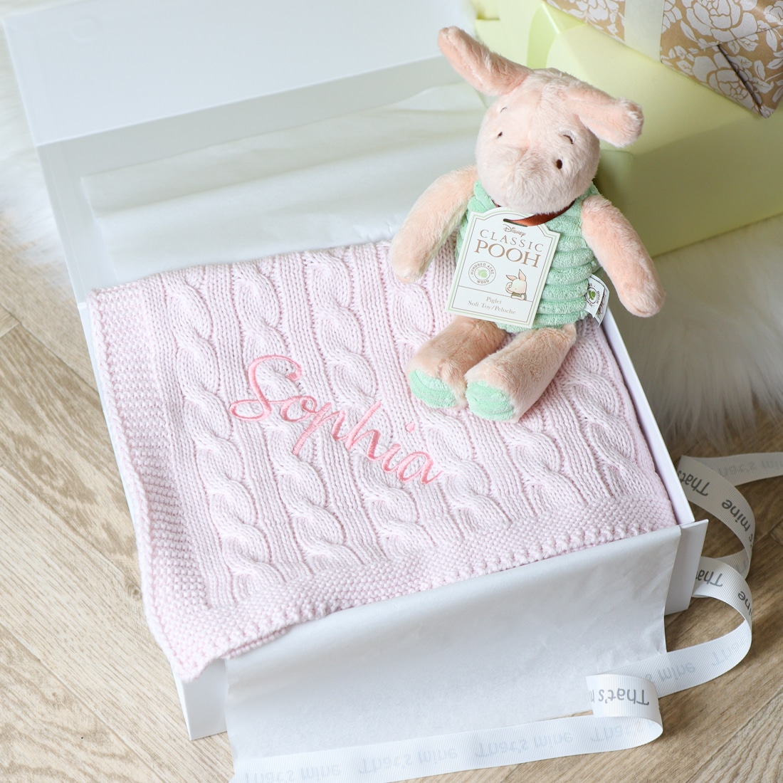Toffee Moon personalised luxury cable baby blanket and Piglet soft toy