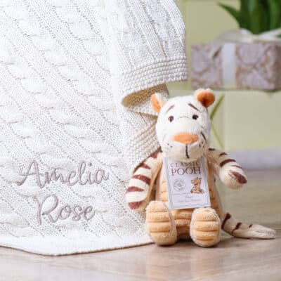 Toffee Moon personalised luxury cable baby blanket and Tigger soft toy Characters