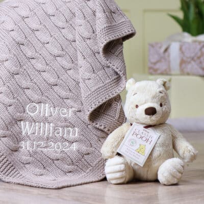 Toffee Moon personalised luxury cable baby blanket and Winnie the Pooh soft toy Baby Gift Sets
