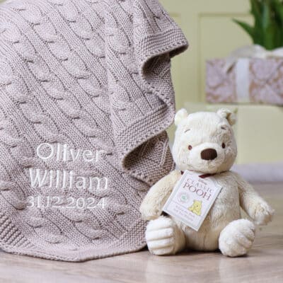 Toffee Moon personalised luxury cable baby blanket and Winnie the Pooh soft toy Birthday Gifts 2