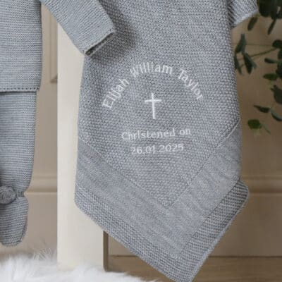 Personalised Dandelion christening baptism grey knitted blanket Christening Gifts 2