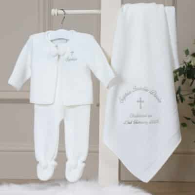 Personalised Dandelion christening baptism white knitted jacket and leggings set Christening Gifts