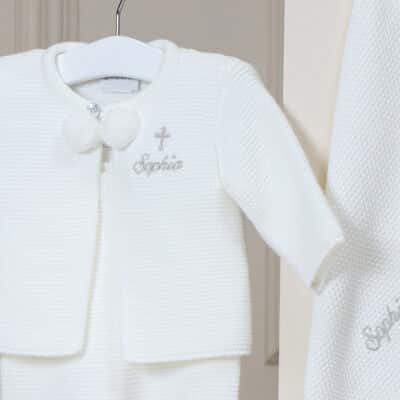 Personalised Dandelion christening baptism white knitted jacket and leggings set Christening Gifts 2
