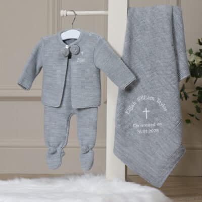 Personalised Dandelion christening baptism grey knitted jacket and leggings set Christening Gifts