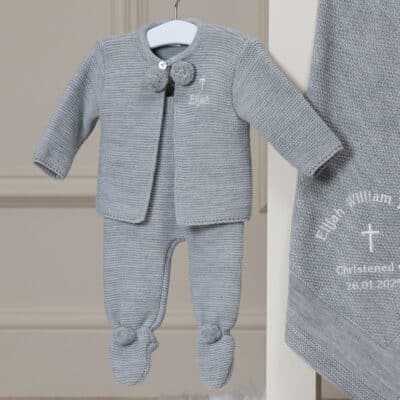 Personalised Dandelion christening baptism grey knitted jacket and leggings set Christening Gifts 3