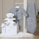 Personalised Dandelion christening baptism grey knitted jacket and leggings set Christening Gifts 7