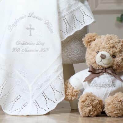 Personalised Dandelion christening baptism ivory white knitted shawl Christening Gifts