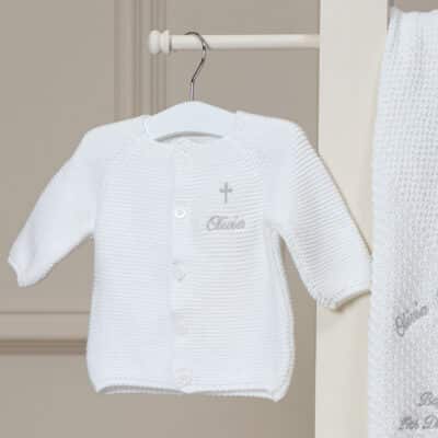 Personalised Toffee Moon christening baptism white bubble baby cardigan with cross Christening Gifts