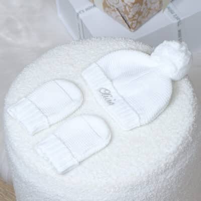 Personalised Toffee Moon christening baptism white bobble hat and mittens set Christening Gifts 2
