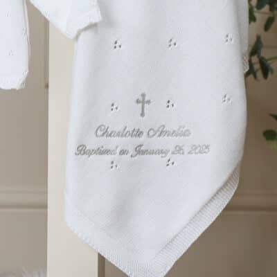 Personalised Toffee Moon white pointelle christening baptism blanket with cross Christening Gifts