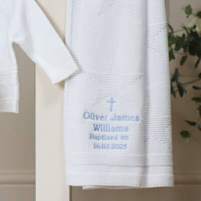 Personalised Toffee Moon white star christening baptism blanket with cross Christening Gifts