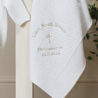 Personalised Toffee Moon white pattern stripe christening baptism blanket with simple cross Christening Gifts 2