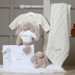Personalised Toffee Moon luxury cream cable baby blanket and beige Jellycat bashful bunny Baby Shower Gifts 7