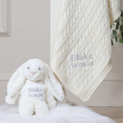 Personalised Toffee Moon luxury cream cable baby blanket and cream Jellycat bashful bunny Baby Shower Gifts